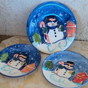 3 Snowman Ceramic Christmas Plates